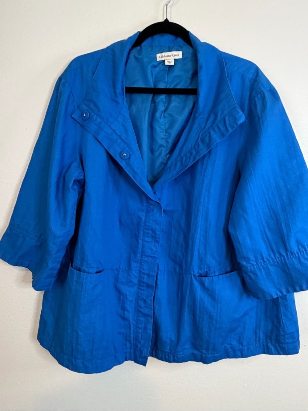 Coldwater Creek Jacket Blue Snap Front Size 16 Lined 3/4 Sleeve Pockets